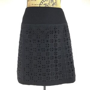 Peter Nygard Skirt 6 Pure Black Wool Bl Felted Cut Out Embroider A Line NICE